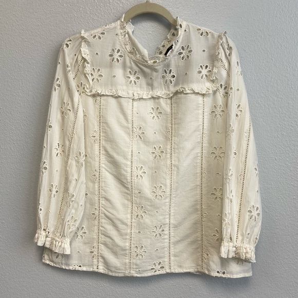 J.Crew Ruffle Neck Long Sleeve Eyelet Top Small - Picture 2 of 14